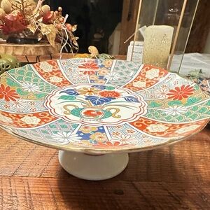Vintage Imari Fan Arita Fine Porcelain Cake Stand Footed Plate Floral  Japan 10"